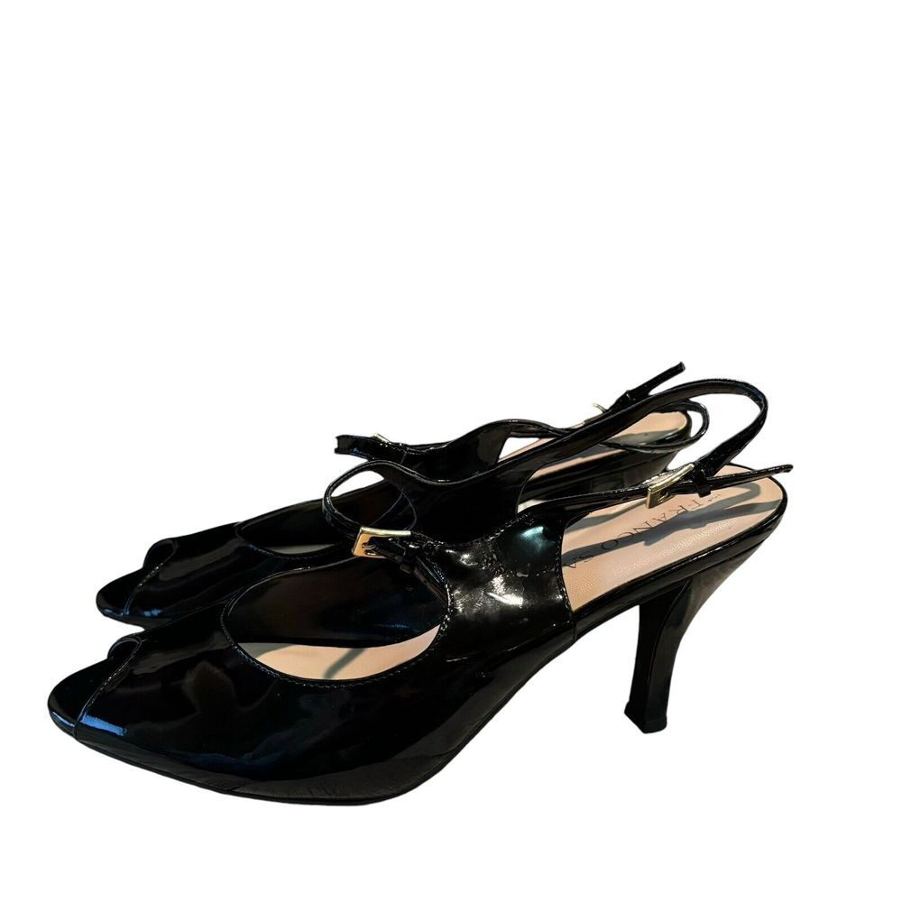 Franco Sarto Womens 9.5M Black  Peep Toe Stiletto High Heels Faux Leather Shoes‎